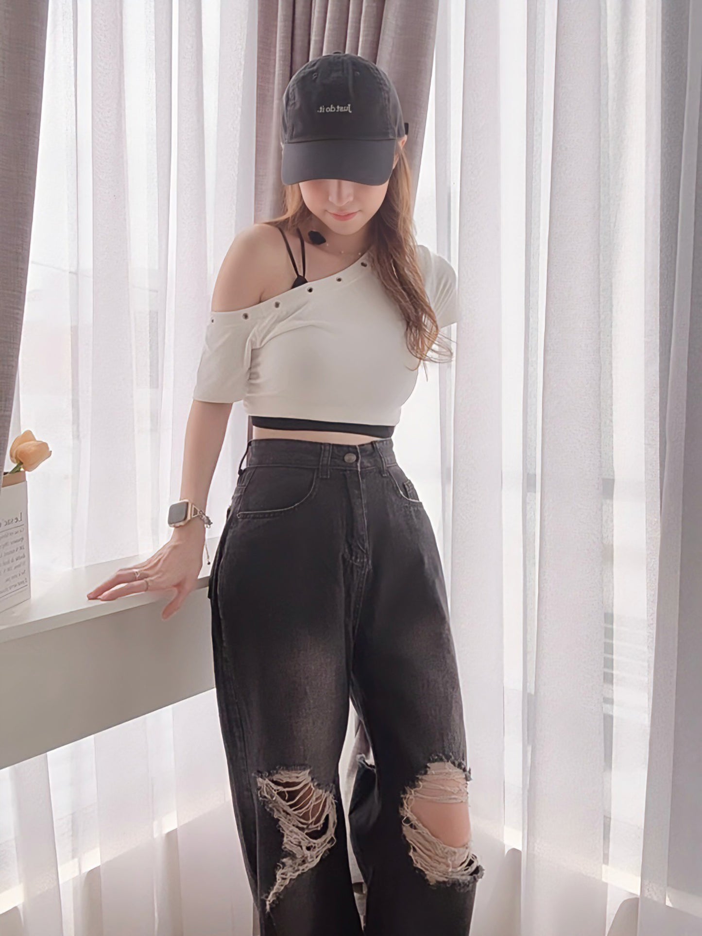 BLACK RIPPED WIDE-LEG JEANS- PETITEGIRLS 小个子定制款