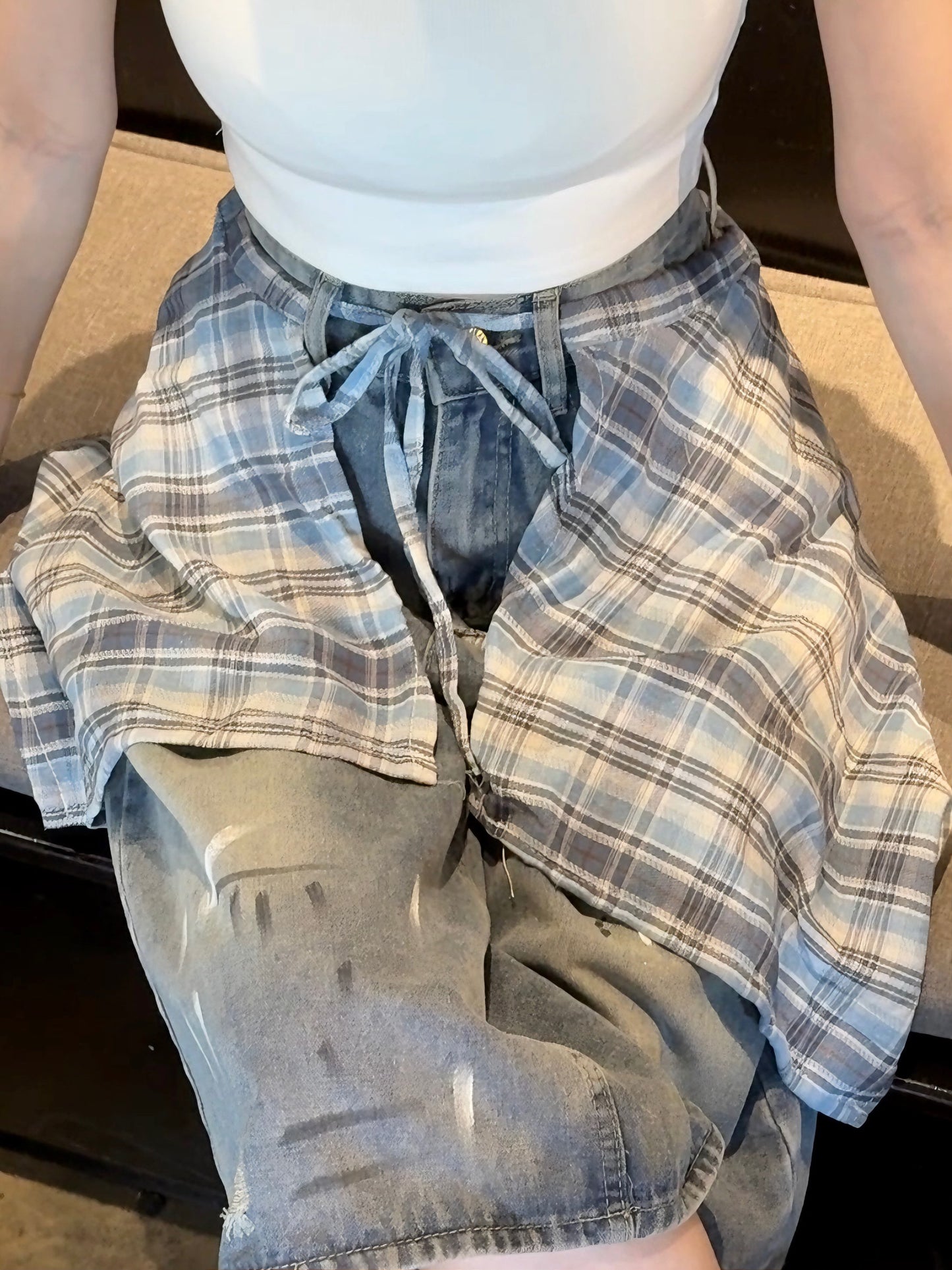 PLAID WRAP DENIM SHORTS - PETITEGIRLS 小个子定制款