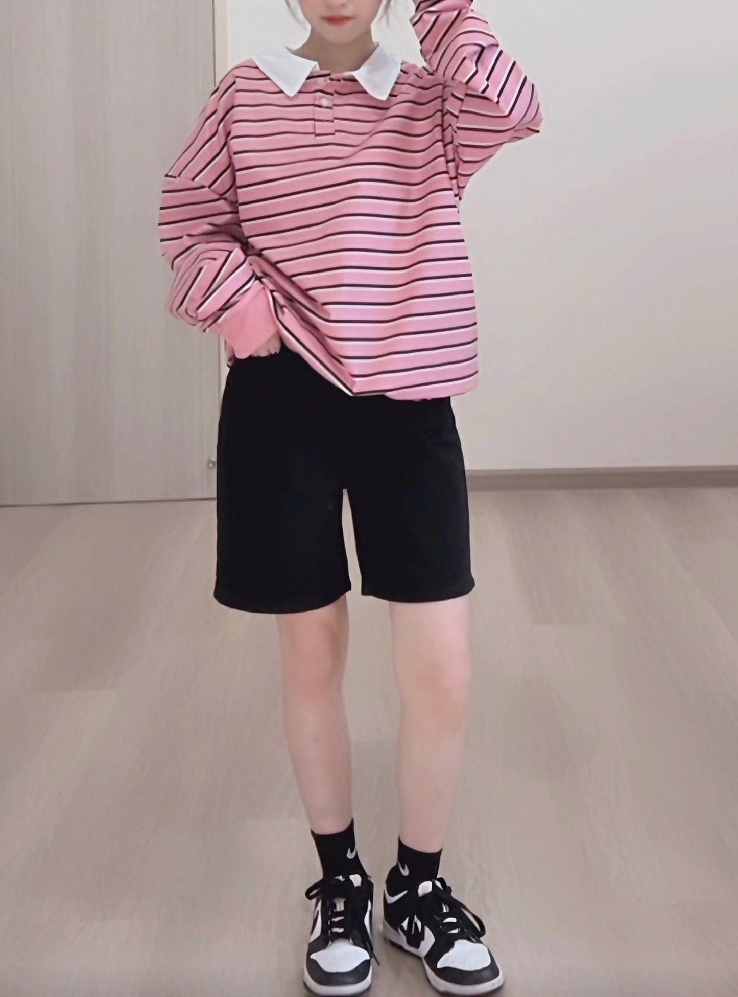 STRIPED POLO SWEATSHIRT- PINK