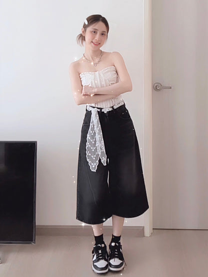 BLACK WASHED DENIM CAPRIS - PETITEGIRLS 小个子定制款