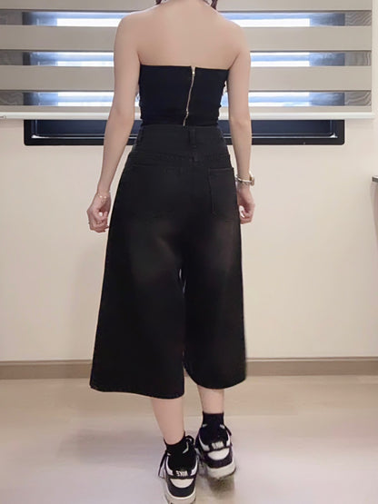 BLACK WASHED DENIM CAPRIS - PETITEGIRLS 小个子定制款