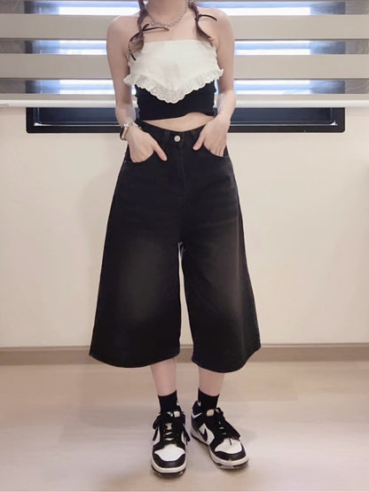 BLACK WASHED DENIM CAPRIS - PETITEGIRLS 小个子定制款