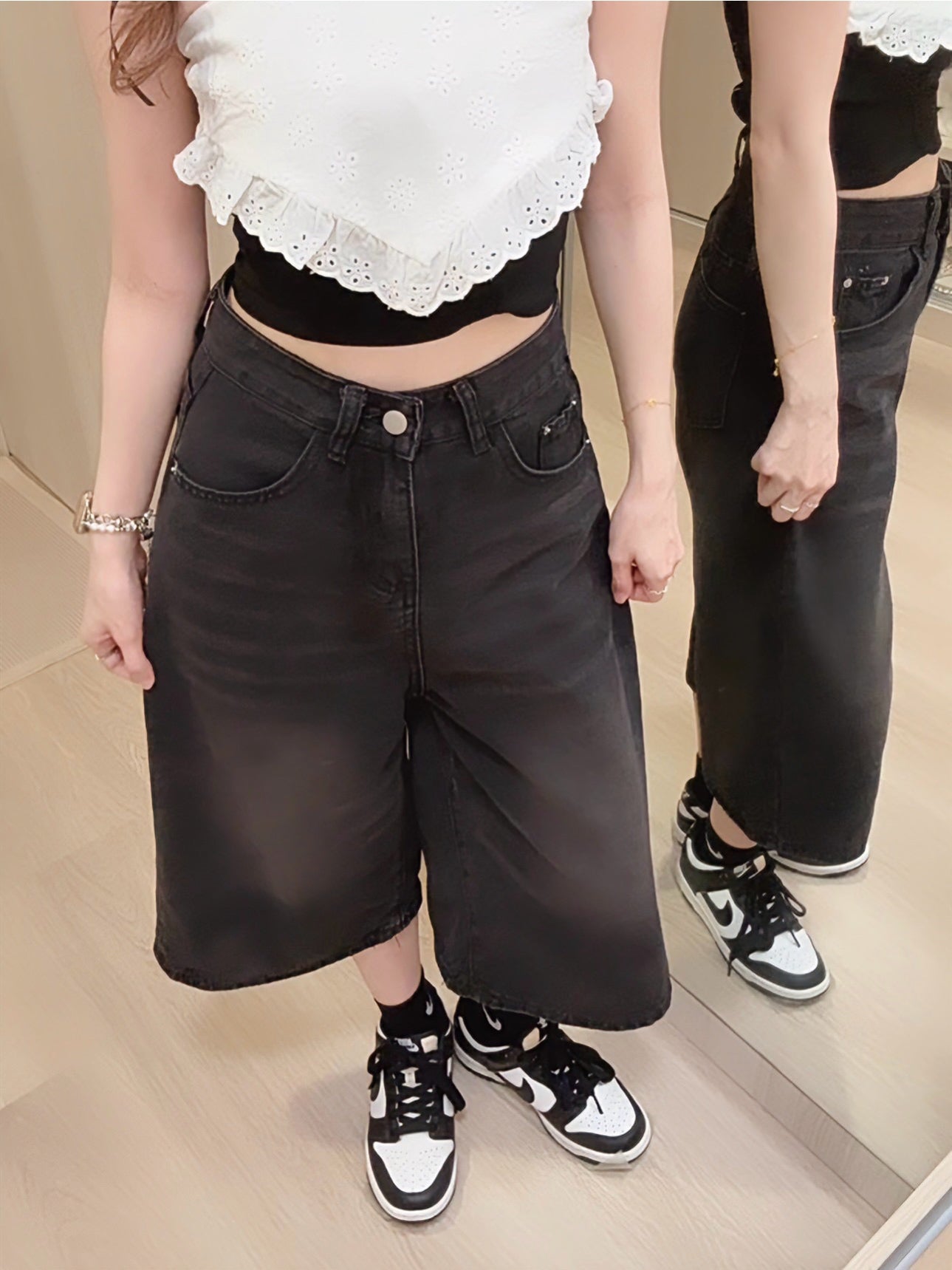 BLACK WASHED DENIM CAPRIS - PETITEGIRLS 小个子定制款
