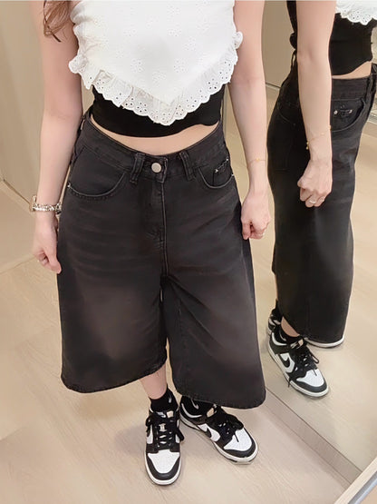 BLACK WASHED DENIM CAPRIS - PETITEGIRLS 小个子定制款