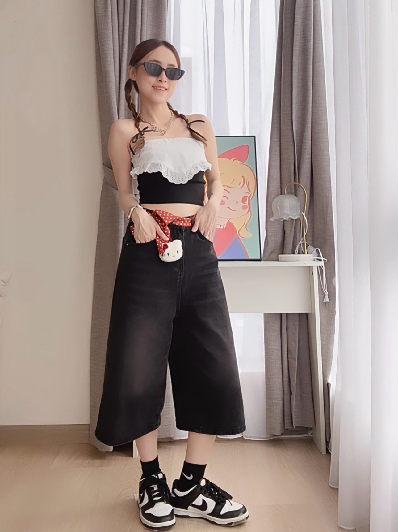BLACK WASHED DENIM CAPRIS - PETITEGIRLS 小个子定制款