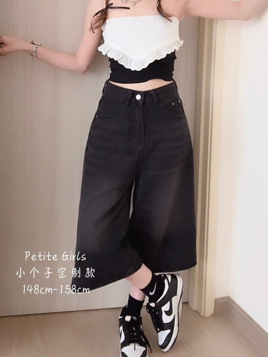 BLACK WASHED DENIM CAPRIS - PETITEGIRLS 小个子定制款