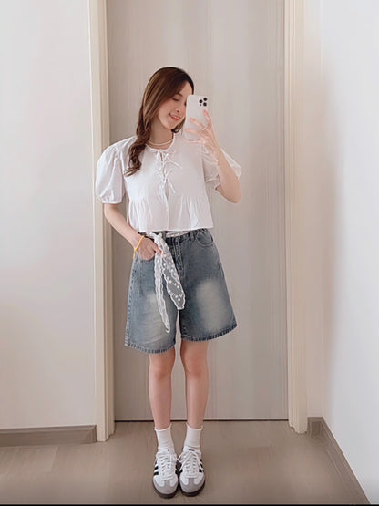 WHITE PUFF TIE BLOUSE