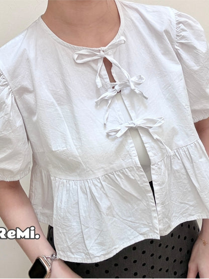 WHITE PUFF TIE BLOUSE