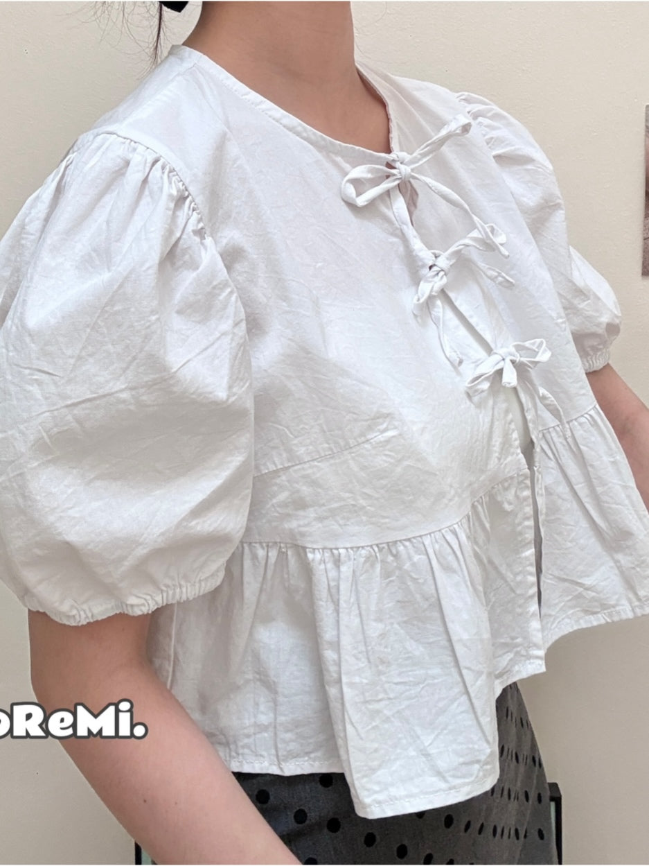 WHITE PUFF TIE BLOUSE