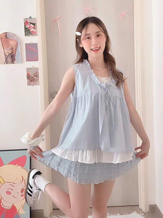 SALT BLUE LAYERED RUFFLE BLOUSE