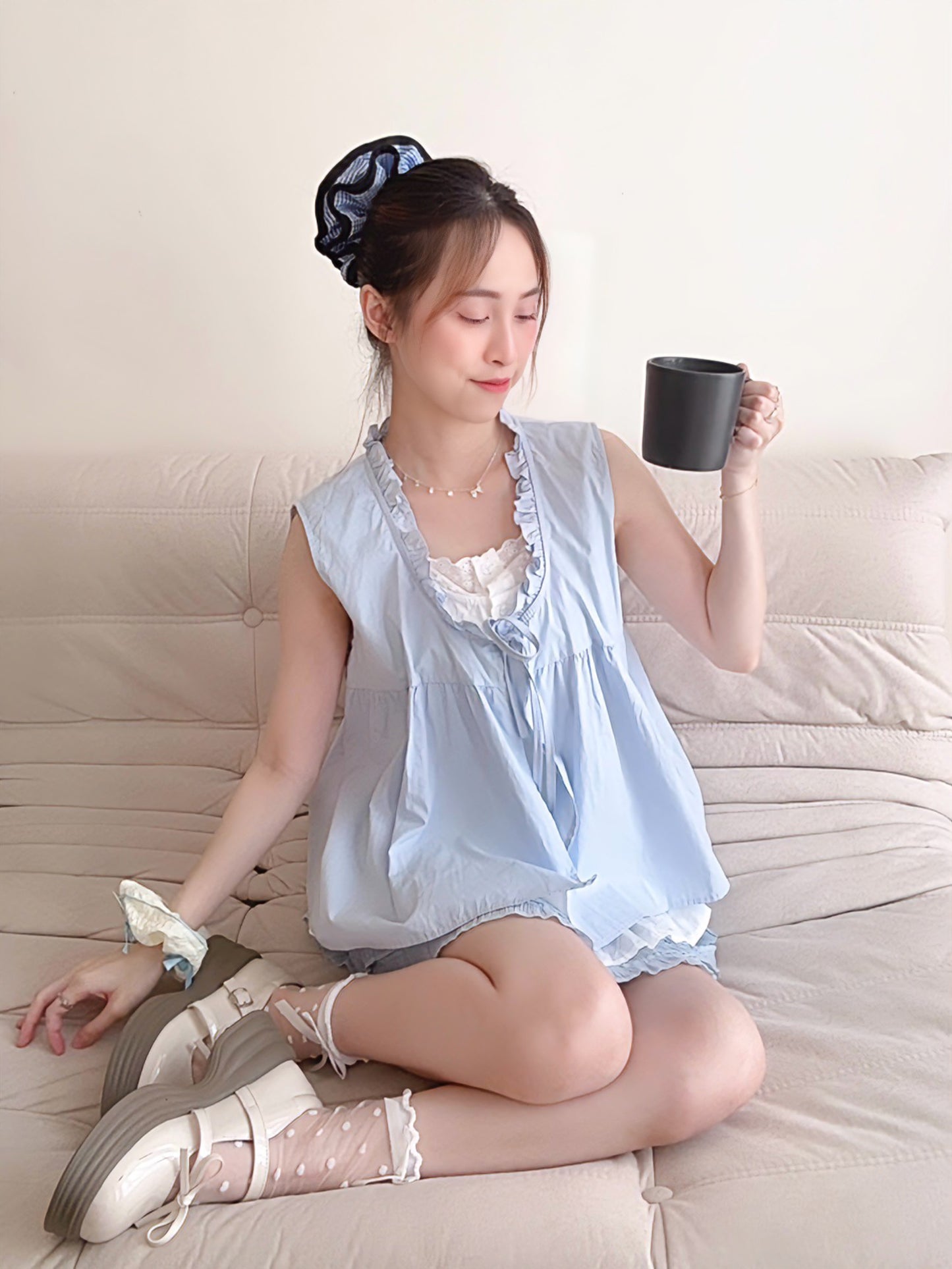SALT BLUE LAYERED RUFFLE BLOUSE