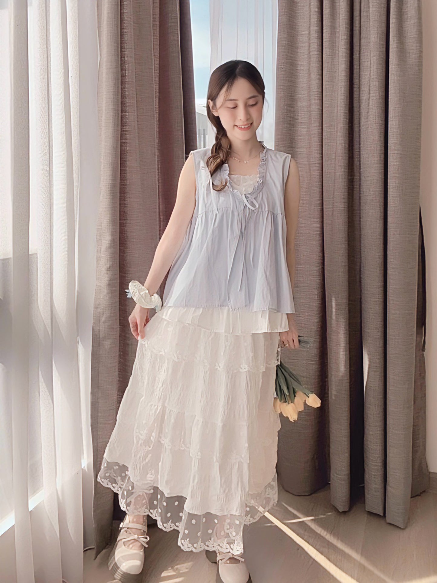 SALT BLUE LAYERED RUFFLE BLOUSE
