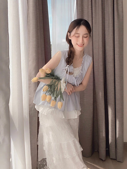 SALT BLUE LAYERED RUFFLE BLOUSE