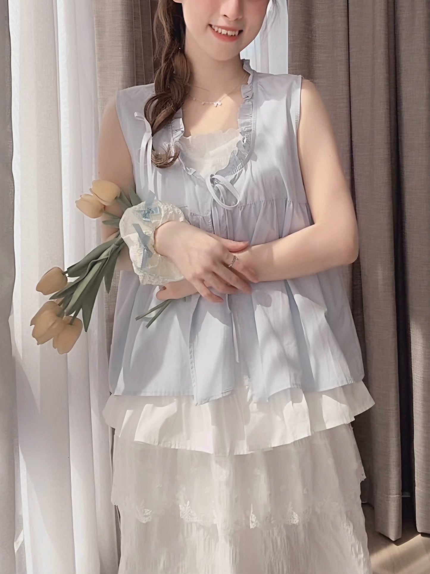 SALT BLUE LAYERED RUFFLE BLOUSE