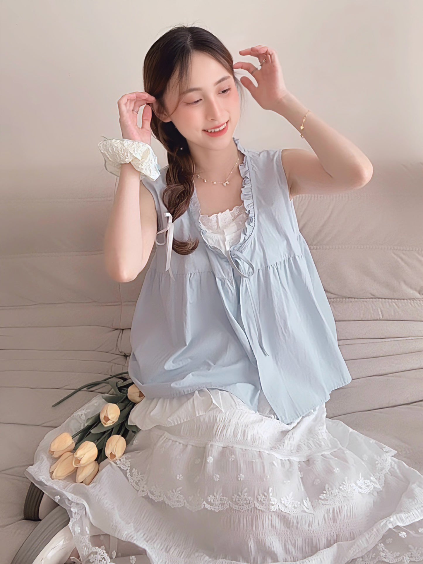 SALT BLUE LAYERED RUFFLE BLOUSE