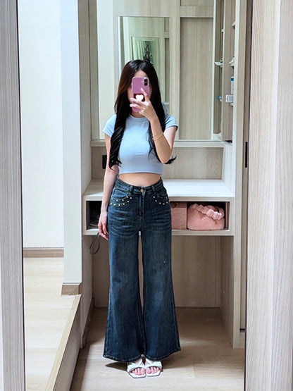 BLUE STAR RHINESTONE FLARE JEANS - PETITEGIRLS 小个子定制款