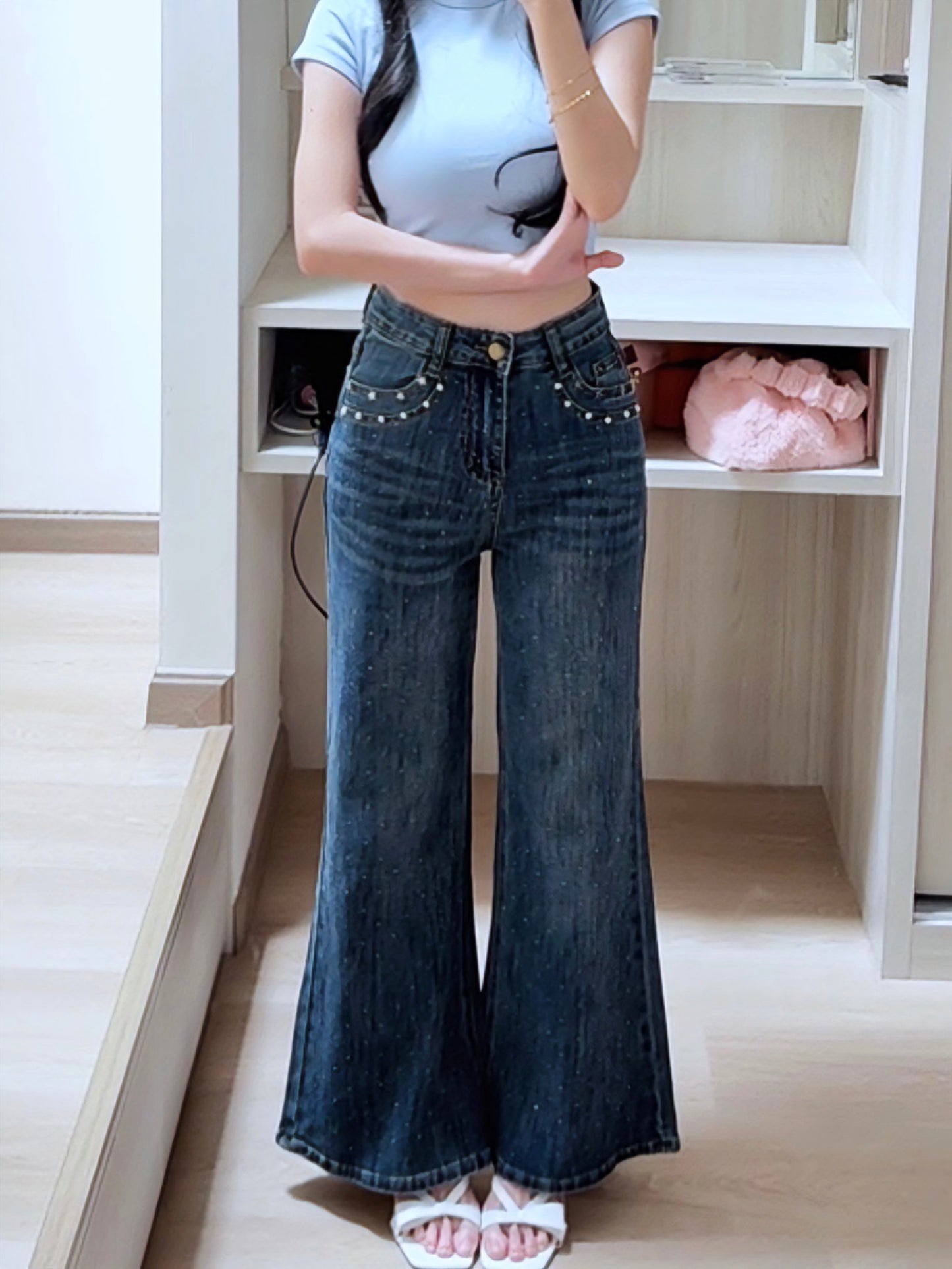 BLUE STAR RHINESTONE FLARE JEANS - PETITEGIRLS 小个子定制款