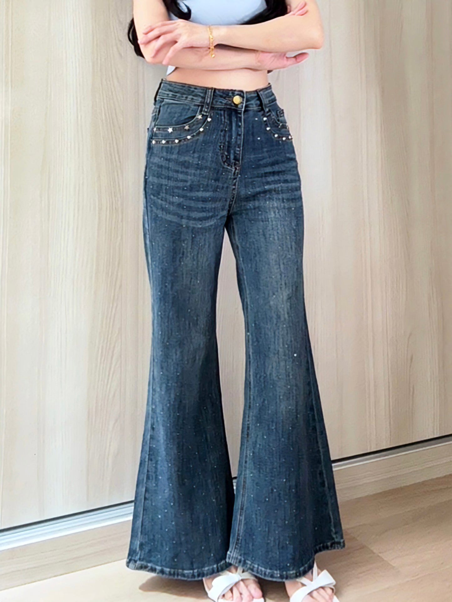 BLUE STAR RHINESTONE FLARE JEANS - PETITEGIRLS 小个子定制款