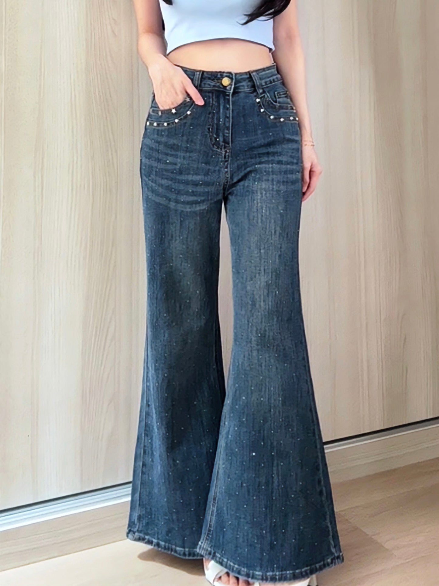 BLUE STAR RHINESTONE FLARE JEANS - PETITEGIRLS 小个子定制款