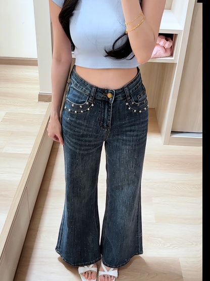 BLUE STAR RHINESTONE FLARE JEANS - PETITEGIRLS 小个子定制款