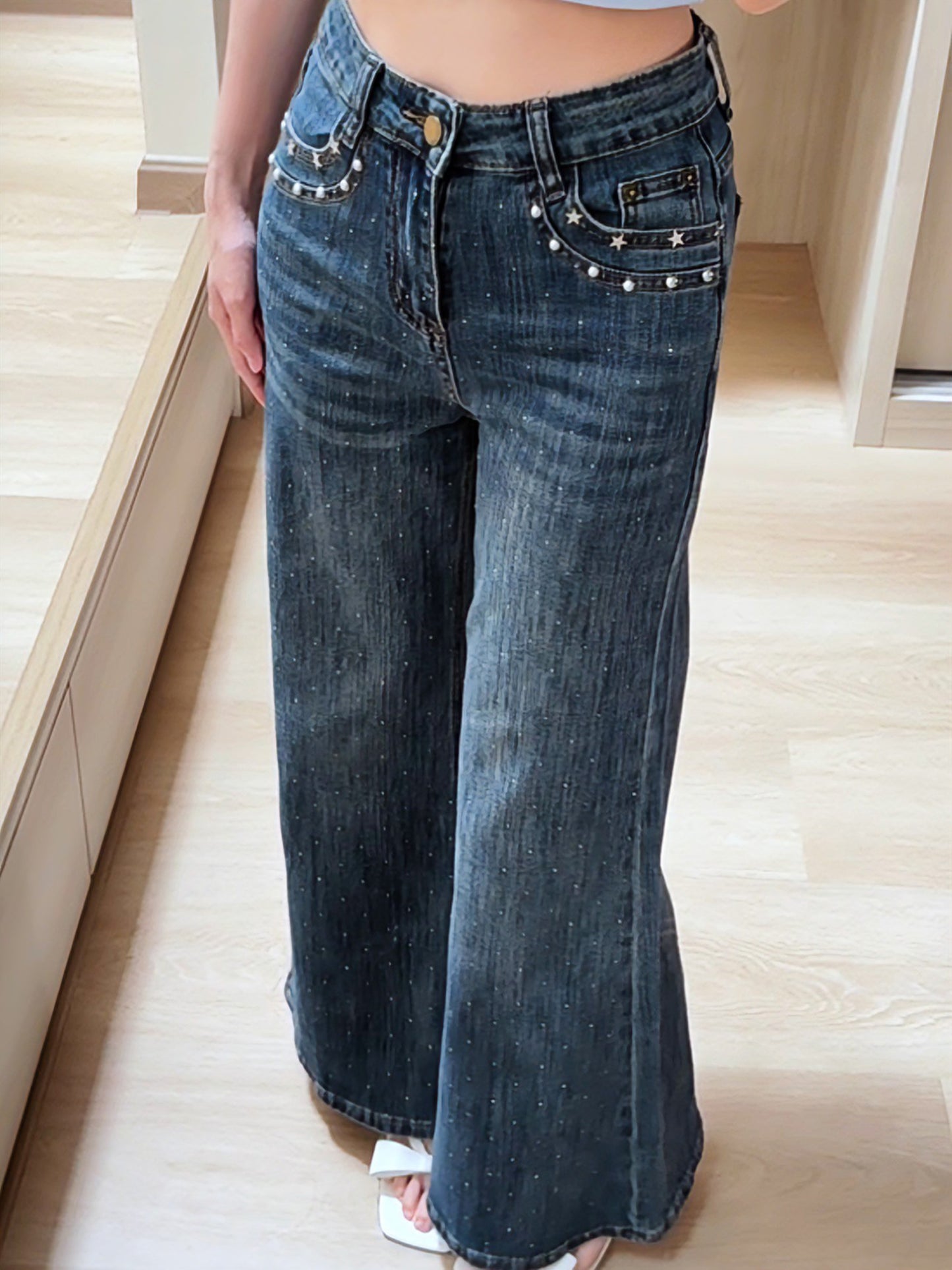 BLUE STAR RHINESTONE FLARE JEANS - PETITEGIRLS 小个子定制款