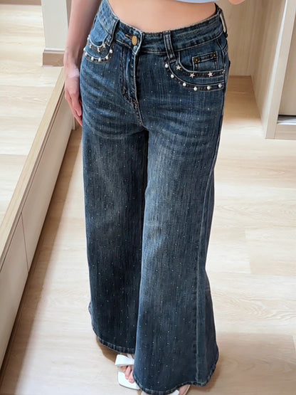 BLUE STAR RHINESTONE FLARE JEANS - PETITEGIRLS 小个子定制款