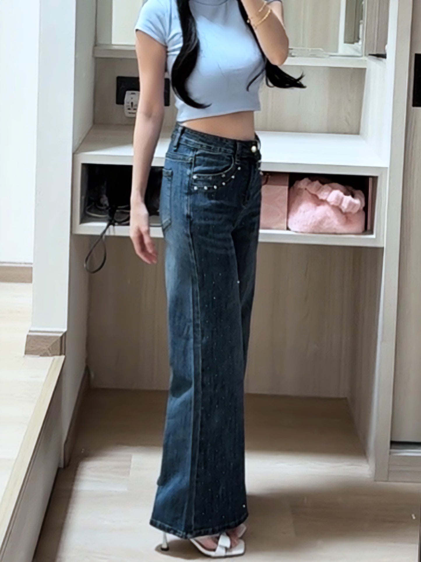 BLUE STAR RHINESTONE FLARE JEANS - PETITEGIRLS 小个子定制款