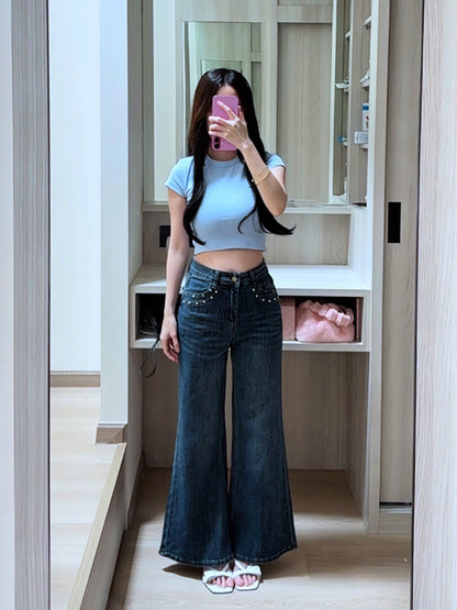 BLUE STAR RHINESTONE FLARE JEANS - PETITEGIRLS 小个子定制款