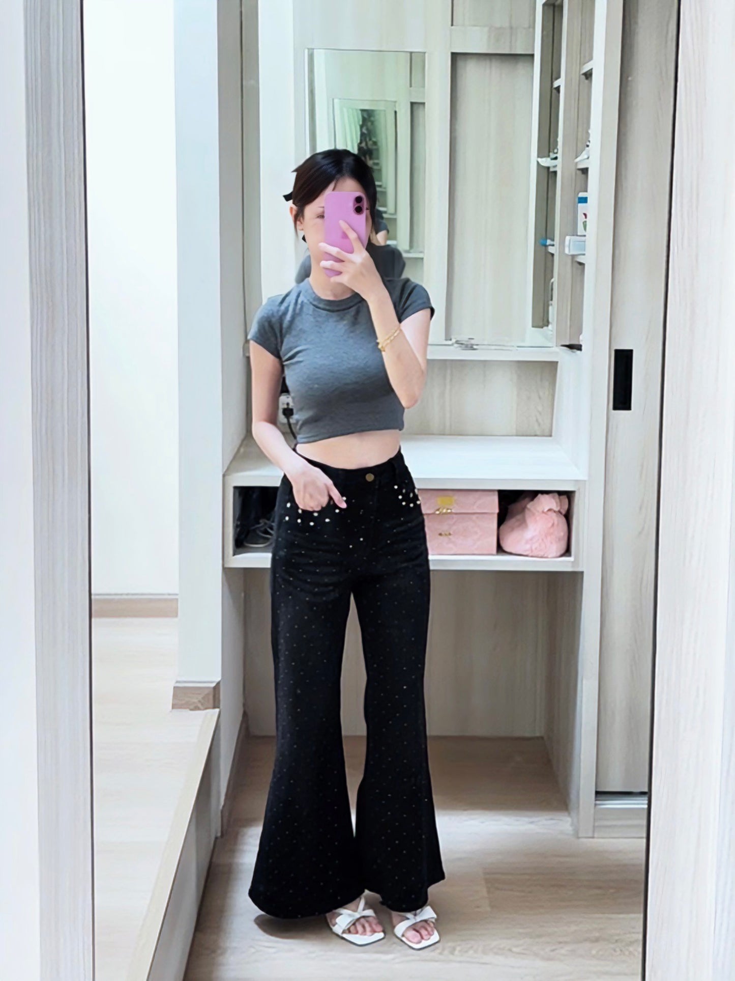 BLACK STAR RHINESTONE FLARE JEANS - PETITEGIRLS 小个子定制款