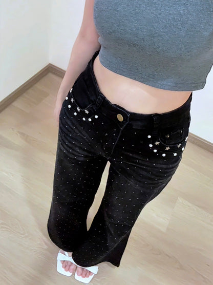 BLACK STAR RHINESTONE FLARE JEANS - PETITEGIRLS 小个子定制款