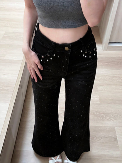 BLACK STAR RHINESTONE FLARE JEANS - PETITEGIRLS 小个子定制款