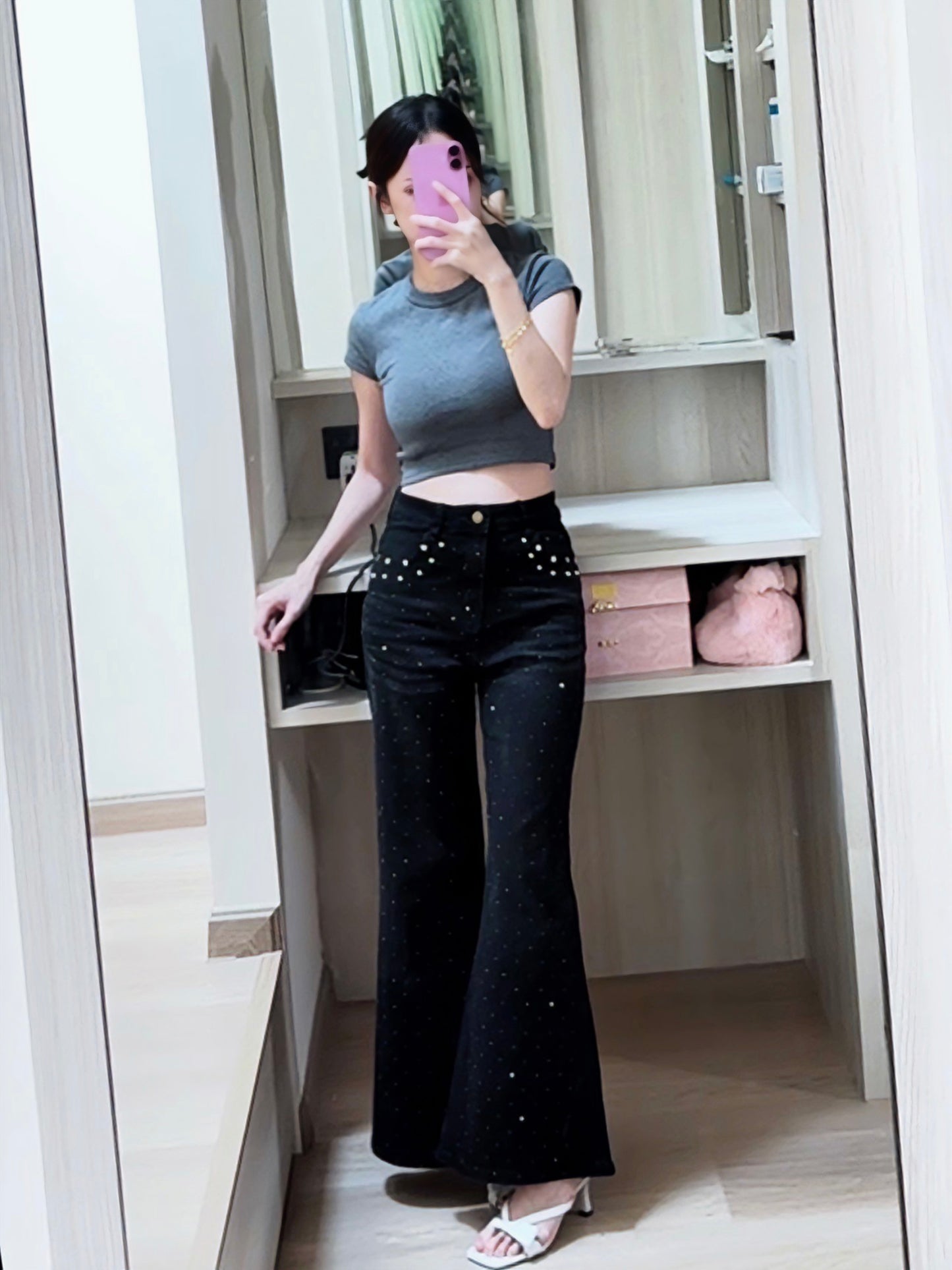 BLACK STAR RHINESTONE FLARE JEANS - PETITEGIRLS 小个子定制款