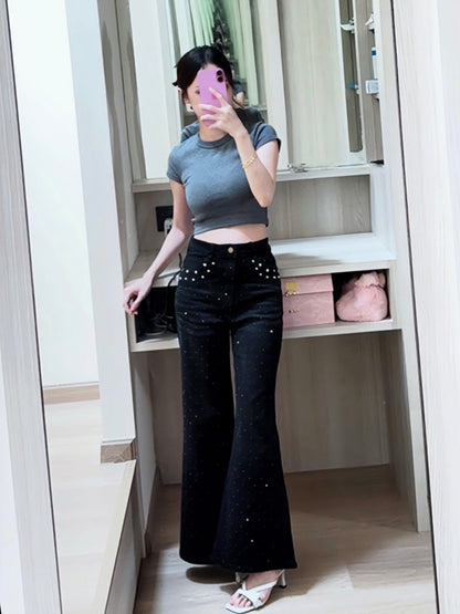 BLACK STAR RHINESTONE FLARE JEANS - PETITEGIRLS 小个子定制款