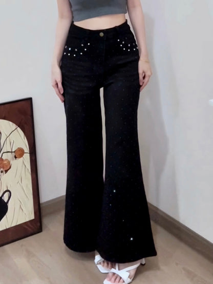 BLACK STAR RHINESTONE FLARE JEANS - PETITEGIRLS 小个子定制款