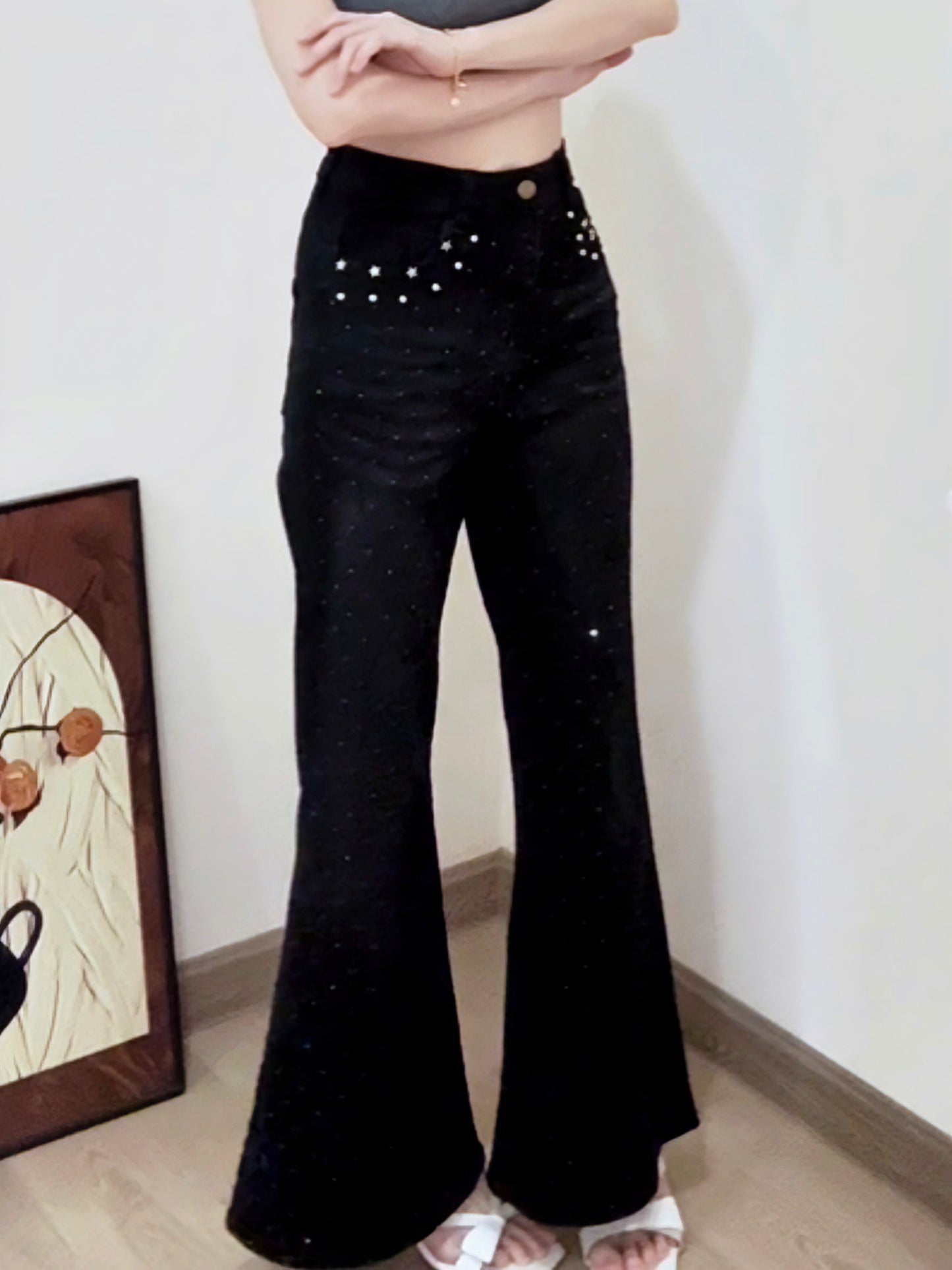 BLACK STAR RHINESTONE FLARE JEANS - PETITEGIRLS 小个子定制款