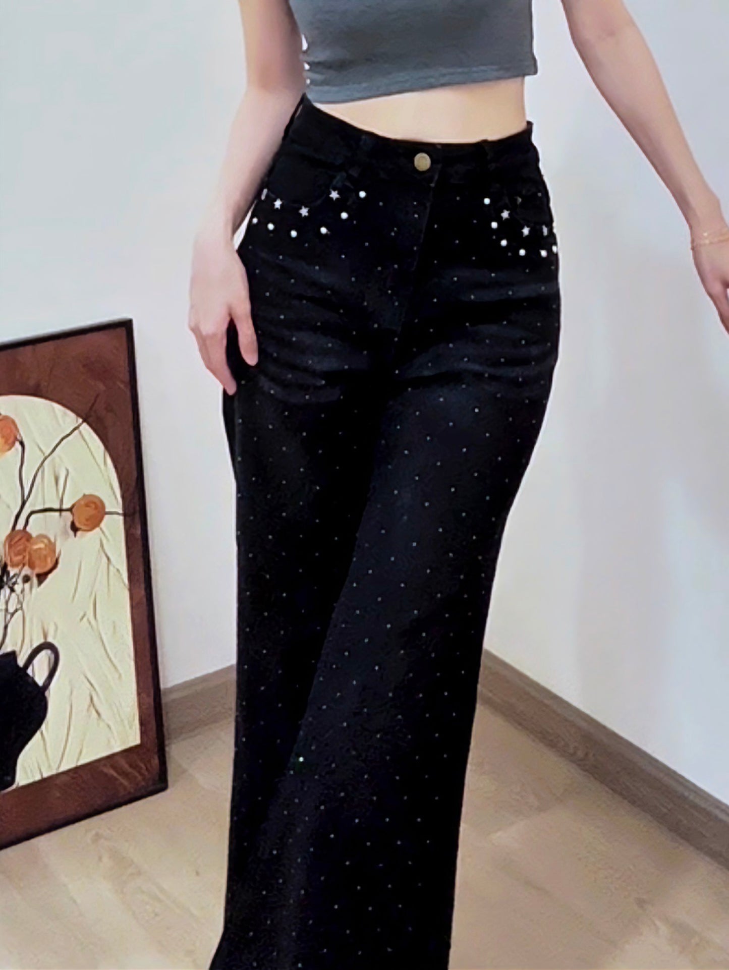 BLACK STAR RHINESTONE FLARE JEANS - PETITEGIRLS 小个子定制款