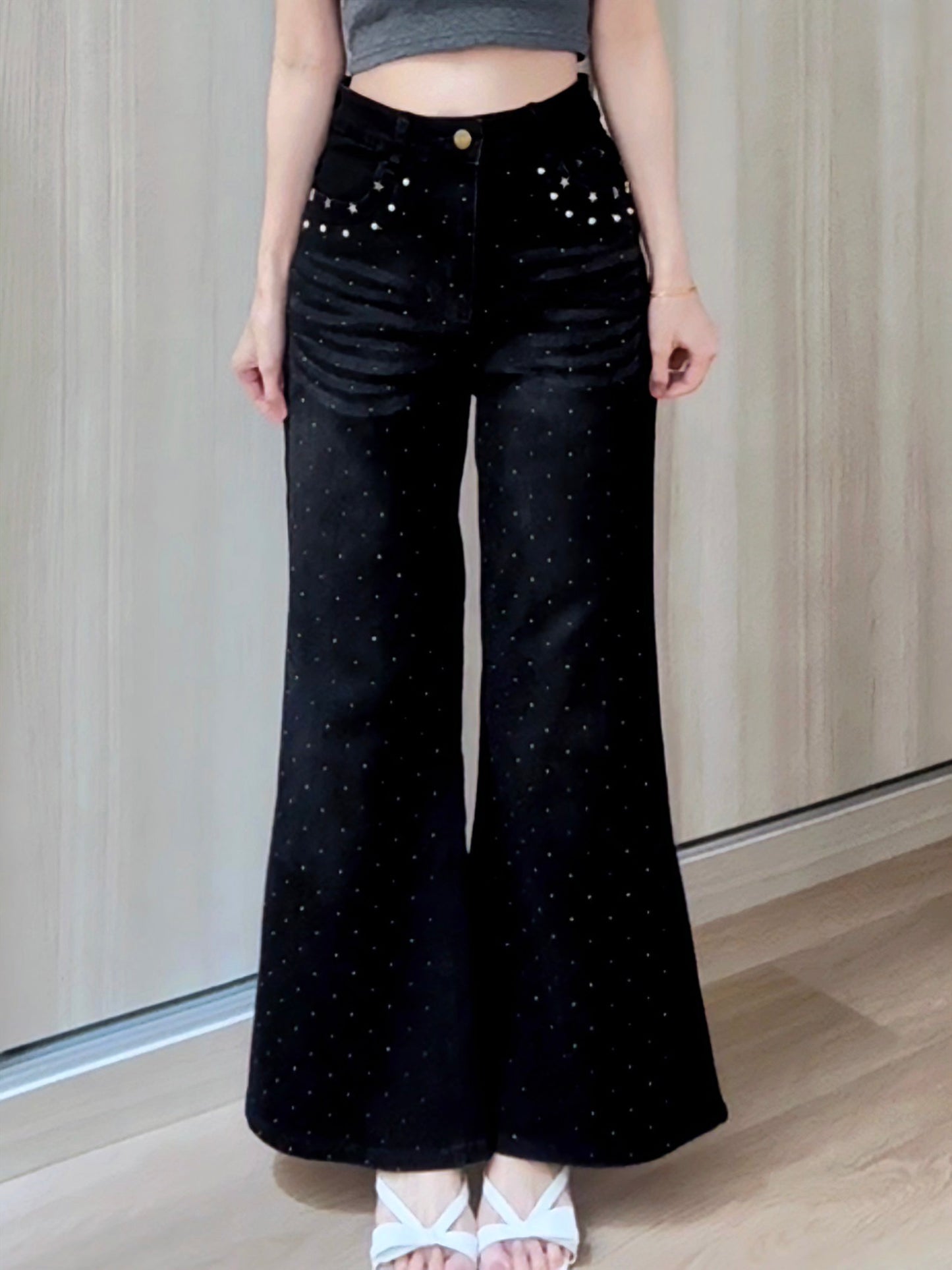 BLACK STAR RHINESTONE FLARE JEANS - PETITEGIRLS 小个子定制款