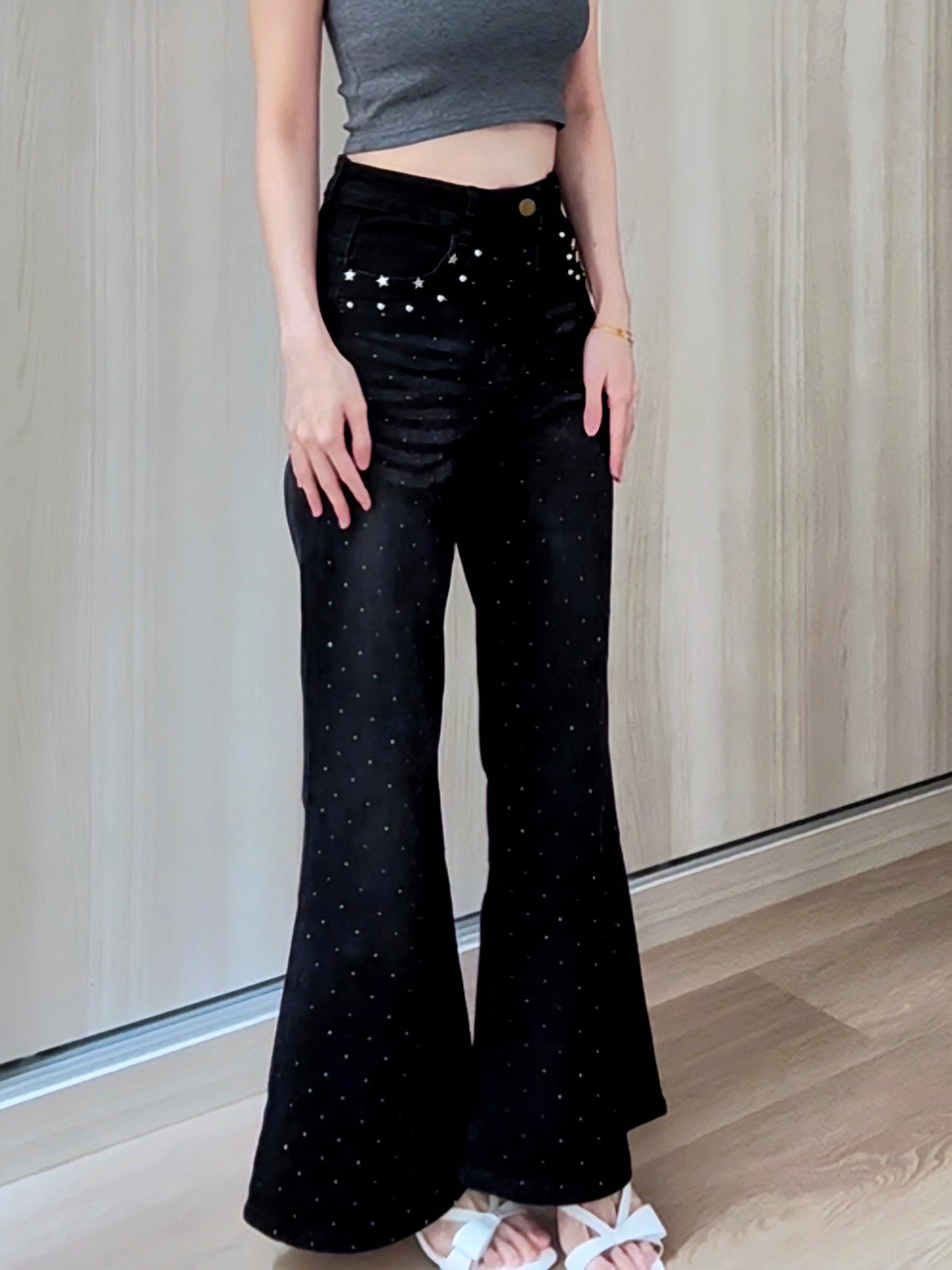 BLACK STAR RHINESTONE FLARE JEANS - PETITEGIRLS 小个子定制款