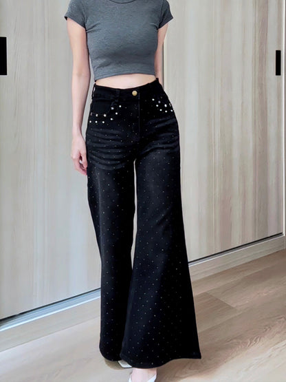 BLACK STAR RHINESTONE FLARE JEANS - PETITEGIRLS 小个子定制款