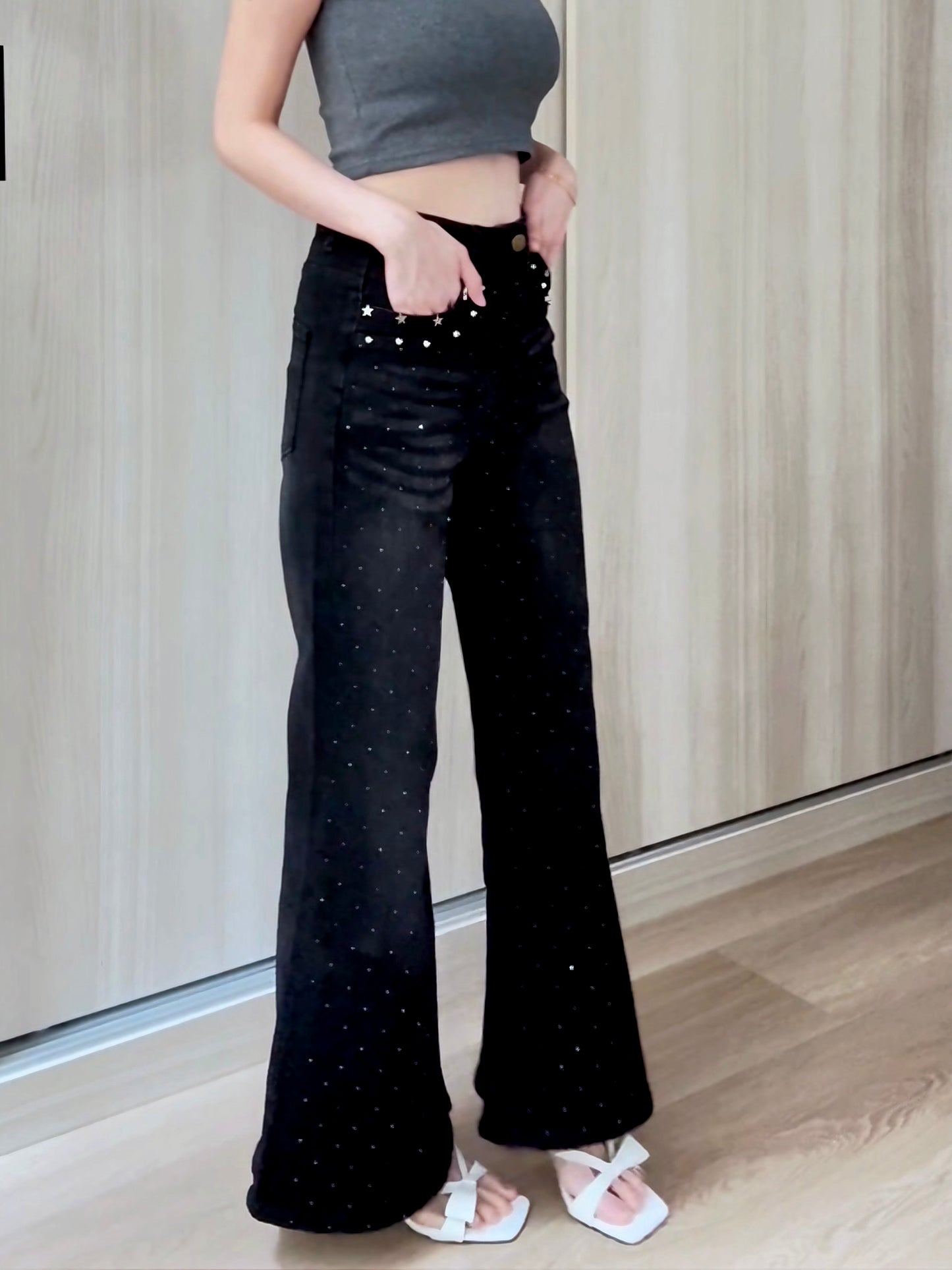 BLACK STAR RHINESTONE FLARE JEANS - PETITEGIRLS 小个子定制款