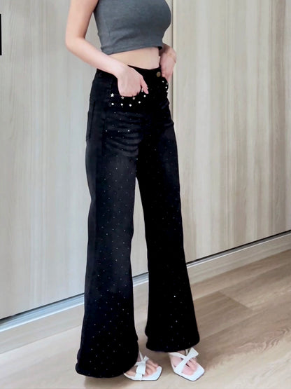 BLACK STAR RHINESTONE FLARE JEANS - PETITEGIRLS 小个子定制款