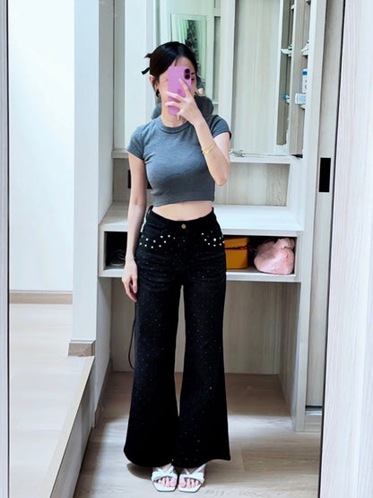BLACK STAR RHINESTONE FLARE JEANS - PETITEGIRLS 小个子定制款