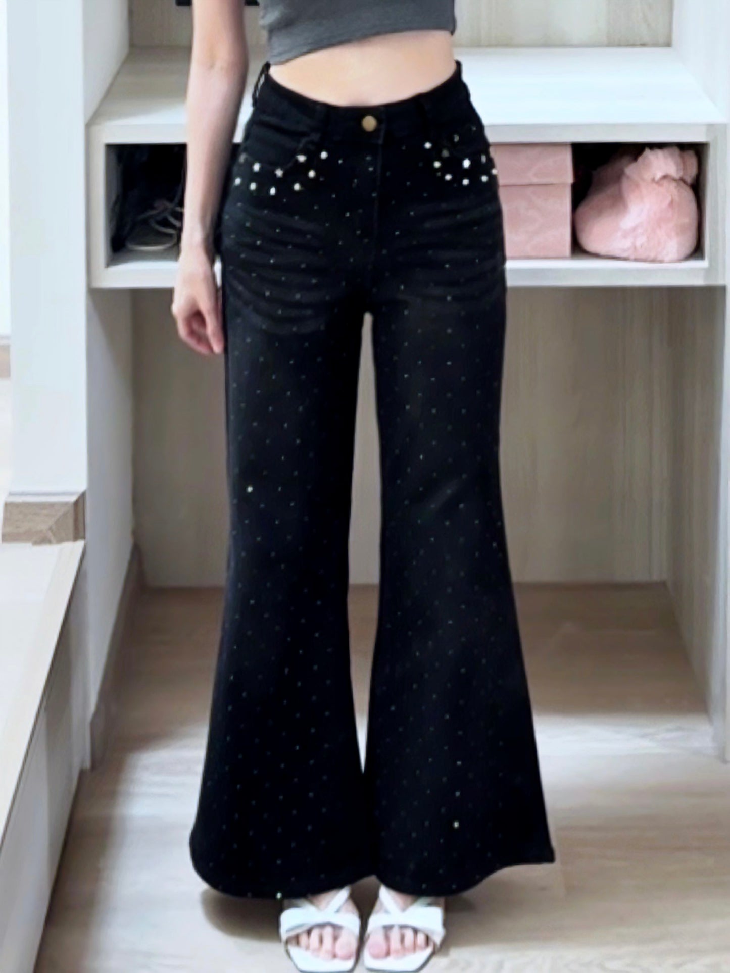 BLACK STAR RHINESTONE FLARE JEANS - PETITEGIRLS 小个子定制款