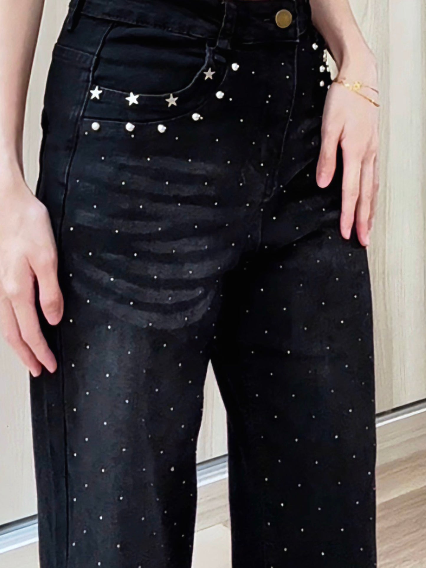 BLACK STAR RHINESTONE FLARE JEANS - PETITEGIRLS 小个子定制款