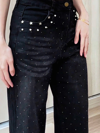 BLACK STAR RHINESTONE FLARE JEANS - PETITEGIRLS 小个子定制款