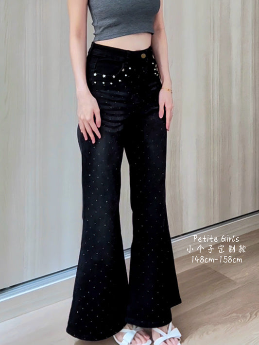 BLACK STAR RHINESTONE FLARE JEANS - PETITEGIRLS 小个子定制款