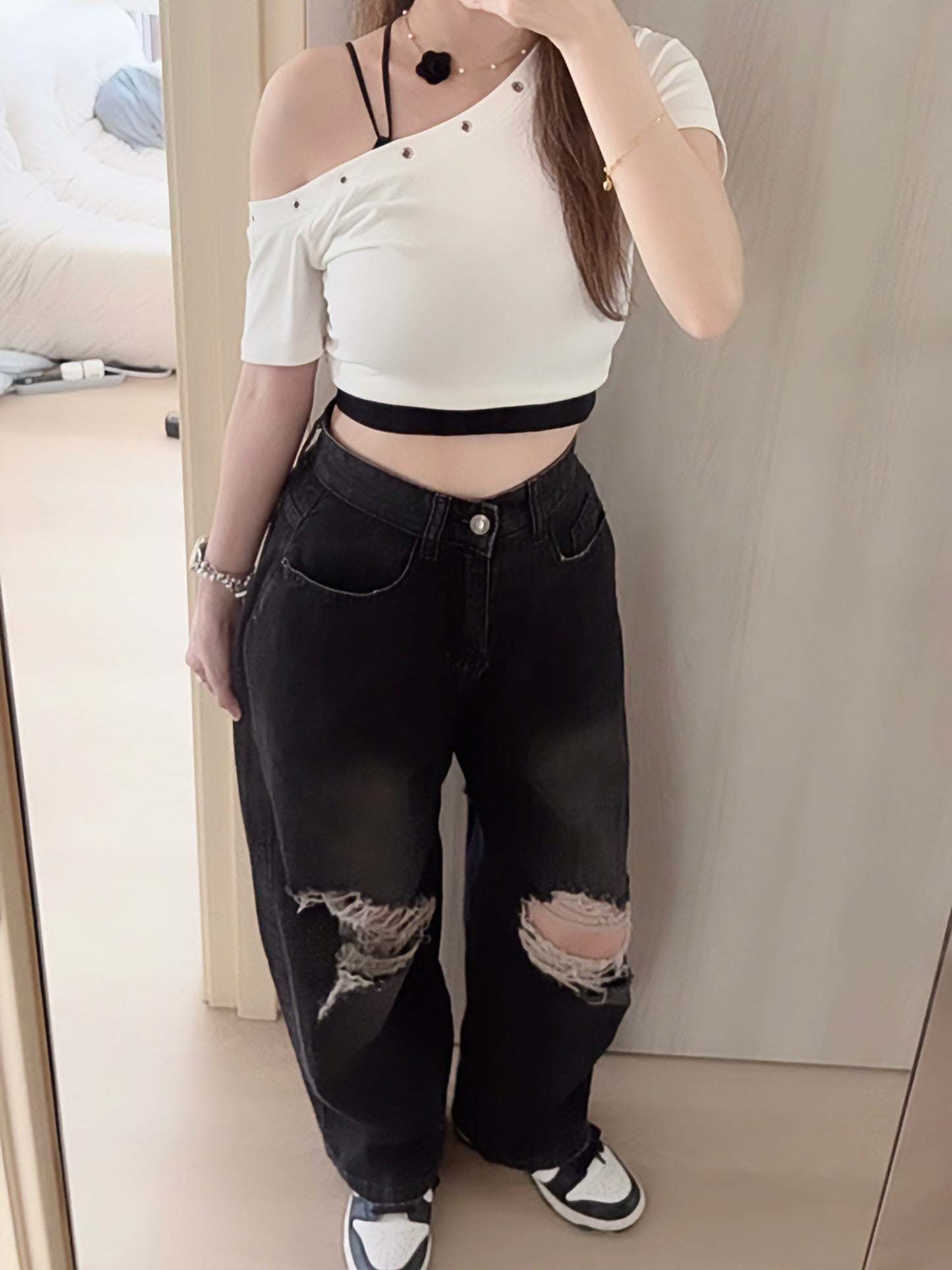 BLACK RIPPED WIDE-LEG JEANS- PETITEGIRLS 小个子定制款