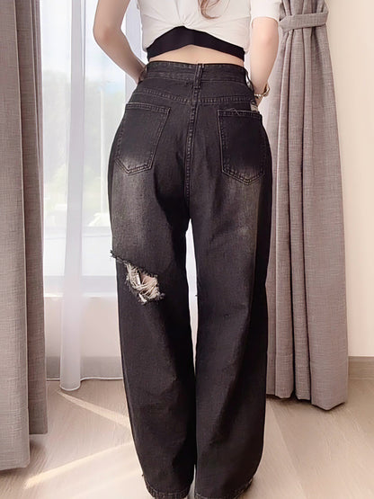 BLACK RIPPED WIDE-LEG JEANS- PETITEGIRLS 小个子定制款