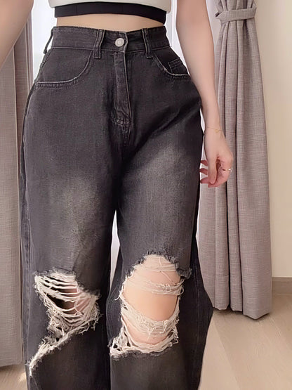 BLACK RIPPED WIDE-LEG JEANS- PETITEGIRLS 小个子定制款