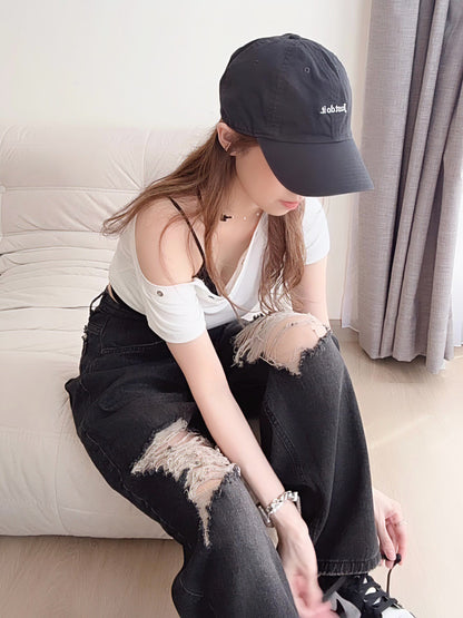 BLACK RIPPED WIDE-LEG JEANS- PETITEGIRLS 小个子定制款
